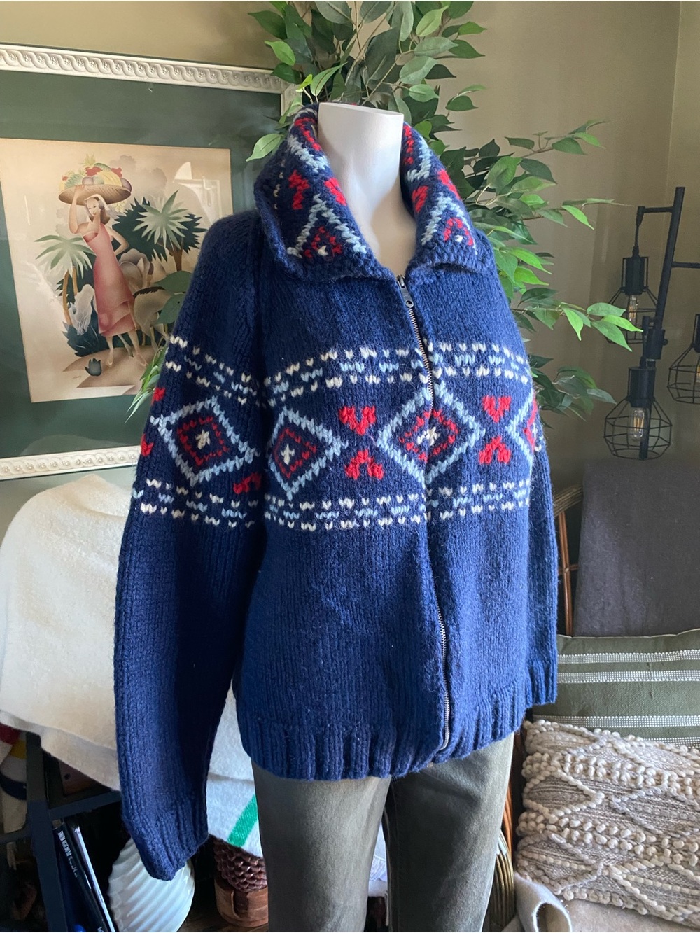 Hand Knit Heavy Wool Zip-Up Fair Isle Sweater Jacket